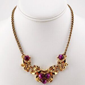 VINTAGE Purple plastic cabochon, brass, & gold tone metal necklace 1940s 1950s